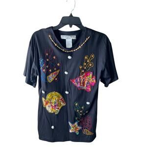 Victoria Jones Shirt Womens S Petite Sea Life Embroidered Fish Coral Beaded Tee